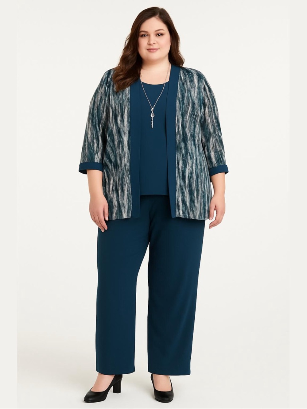 R&M Richards Women’s Plus Teal 2PC Pants Set Abstract Jacket